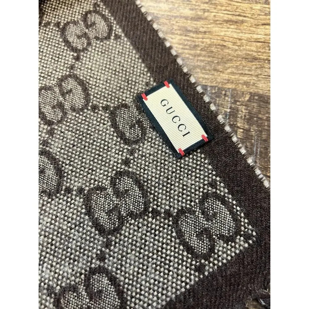 GUCCI Jacquard GG Pattern Reversible Wool Scarf In Blue & Brown Made In Italy